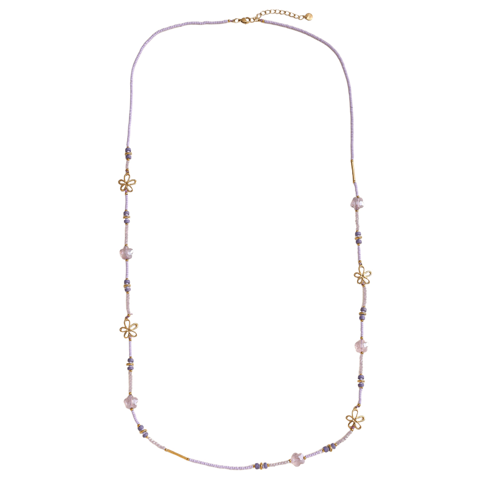 Stainless steel necklace 94cm small resin bead necklace with golden flowers