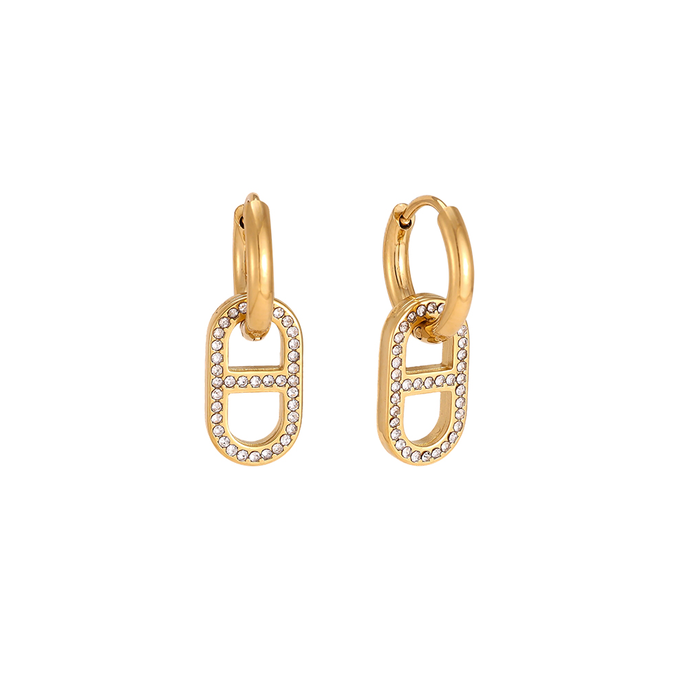 Stainless steel earrings, 22×12 mm, oval zirconia link 