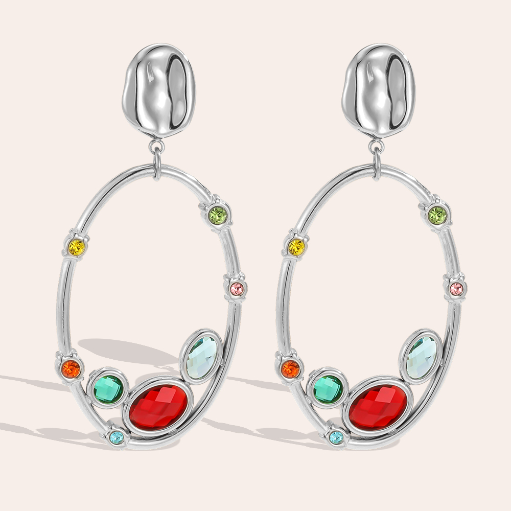Stainless steel earrings, 46 × 23 mm, loop design, multicoloured cubic zirconia