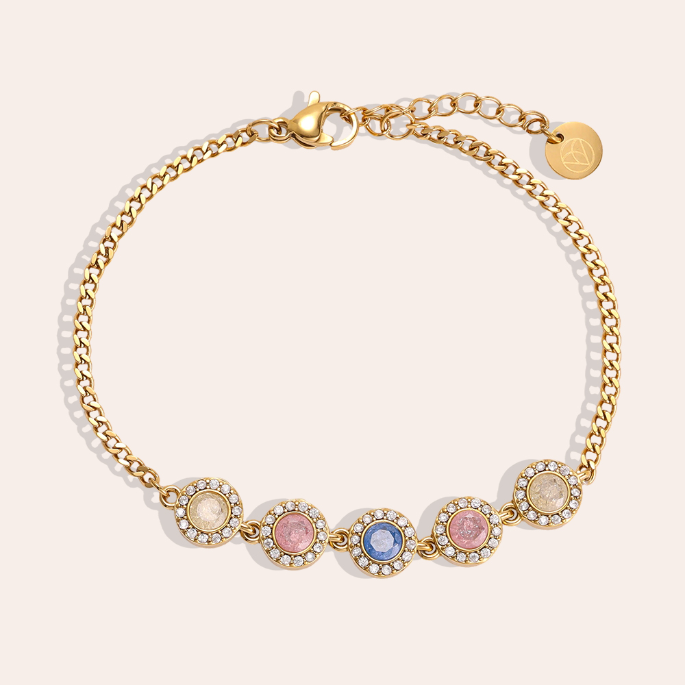 Stainless steel bracelet, 17 cm, with 5 colourful, sparkling cubic zirconia stones  