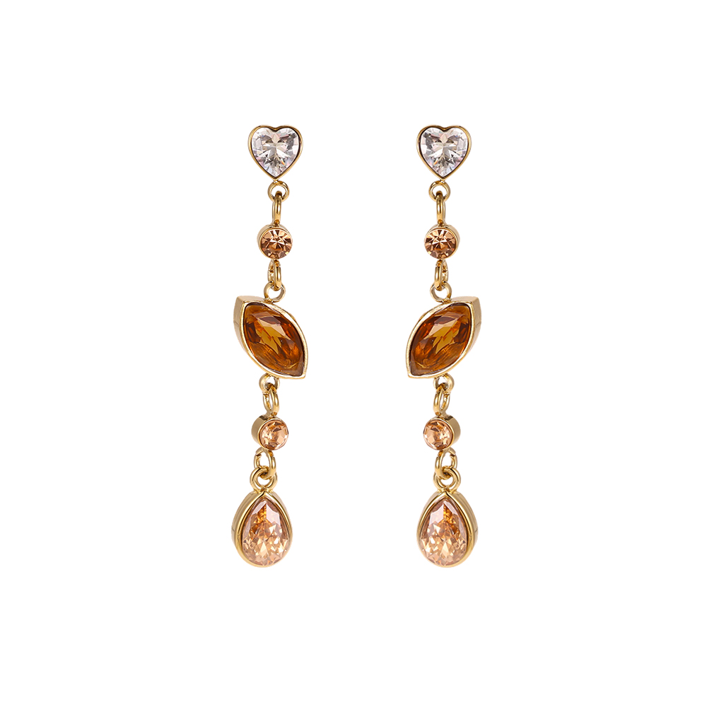 Stainless steel earrings, 5 x 15 mm, brown cubic zirconia with chains