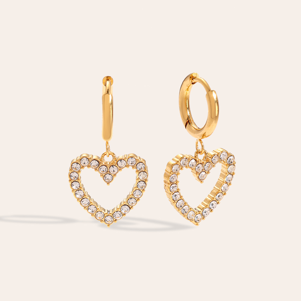 Single Diamond Hollow Heart Stainless Steel Earrings   