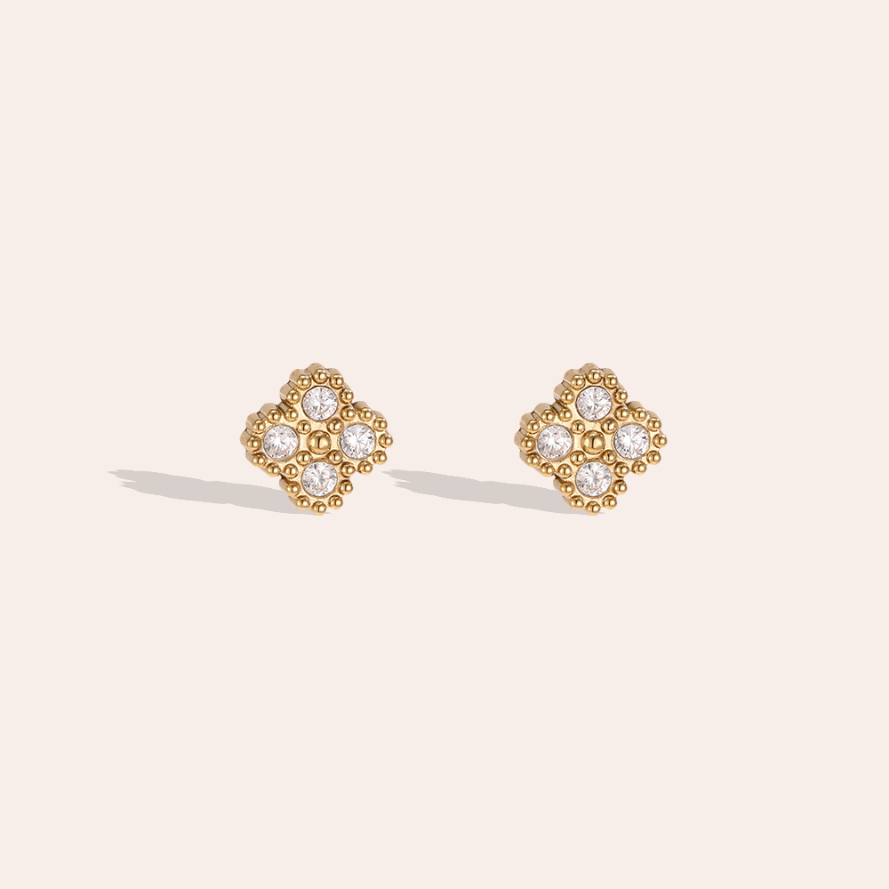 Stainless steel earrings, 8mm, with delicate cubic zirconia in a cloverleaf design  