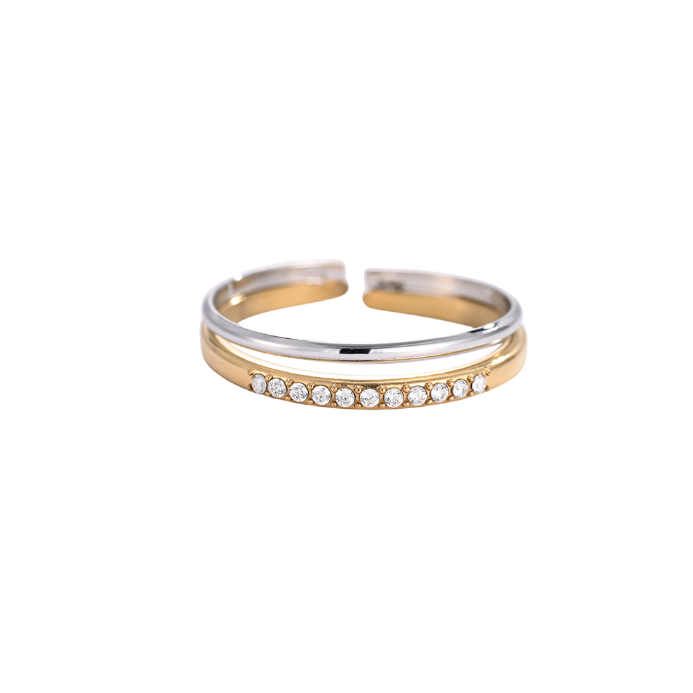 Stainless steel ring, adjustable, two-tone double ring with small cubic zirconia stones