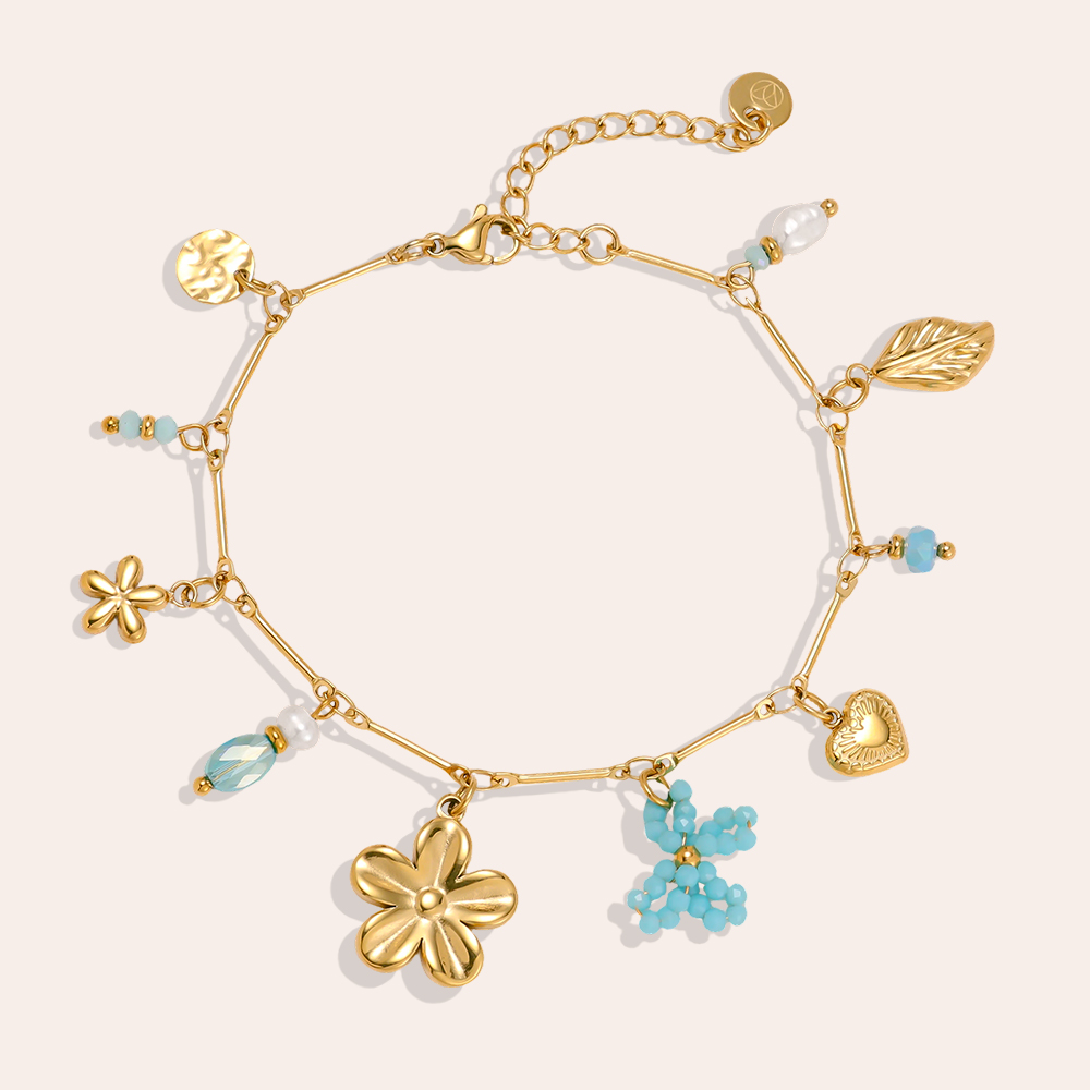 Stainless steel bracelet, 17 cm, flower, butterfly, heart