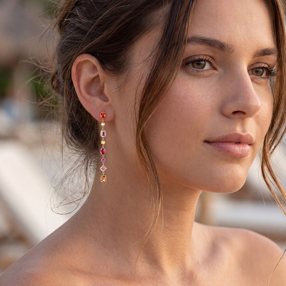 Stainless steel earrings, 7 × 0.7 mm, colourful rhinestones in various shapes