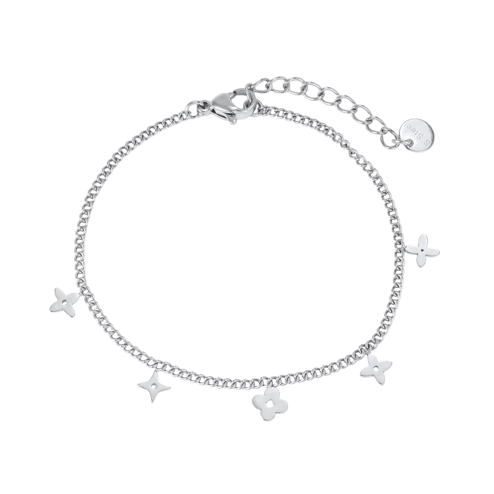 Stainless steel bracelet, 15 cm, featuring various four-leaf clovers