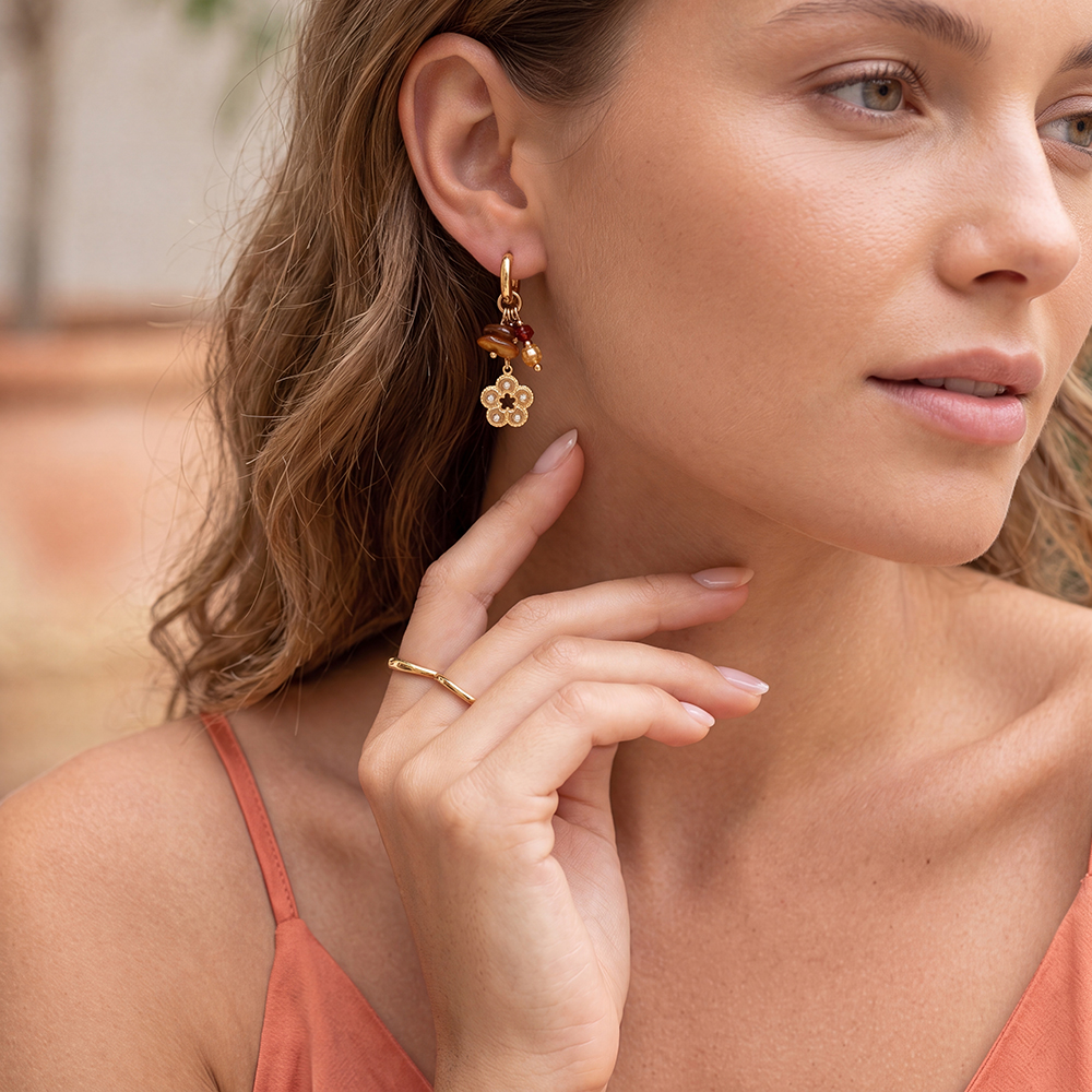 Stainless steel earrings, 42 x 13 mm, gold-coloured flowers with crystal and glass
