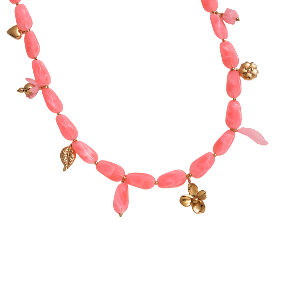 Stainless steel necklace 90cm elongated acrylic pieces and golden flowers