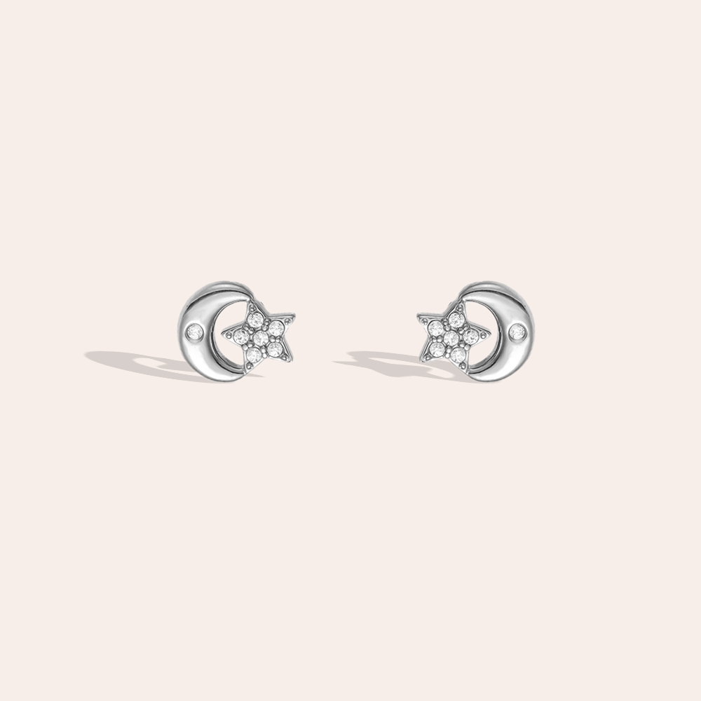 Stainless steel earrings, 7mm, with zirconia stars and moons