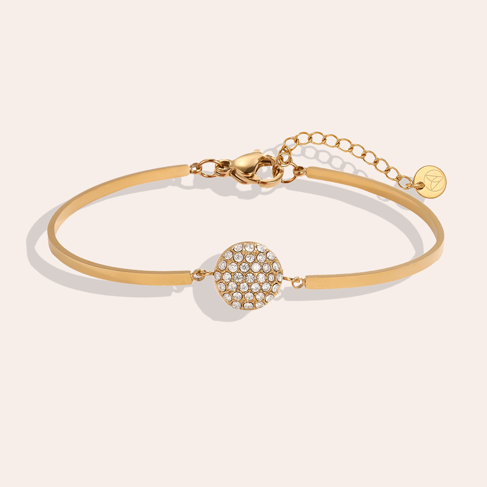 Stainless steel bracelet, adjustable, double-ring design, round, with rhinestones