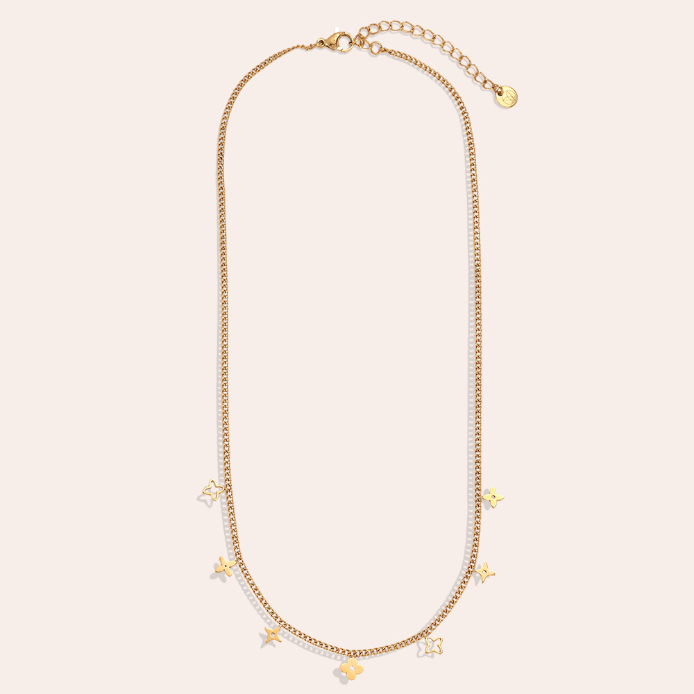 Stainless steel necklace, 38cm, featuring various four-leaf clovers