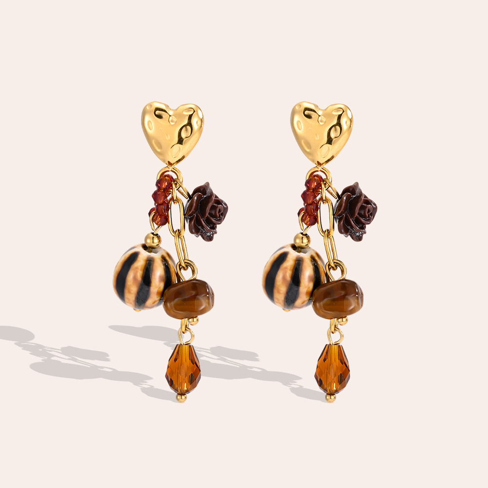 Stainless steel earrings, 52 × 11 mm: golden hearts with brown flowers and beads