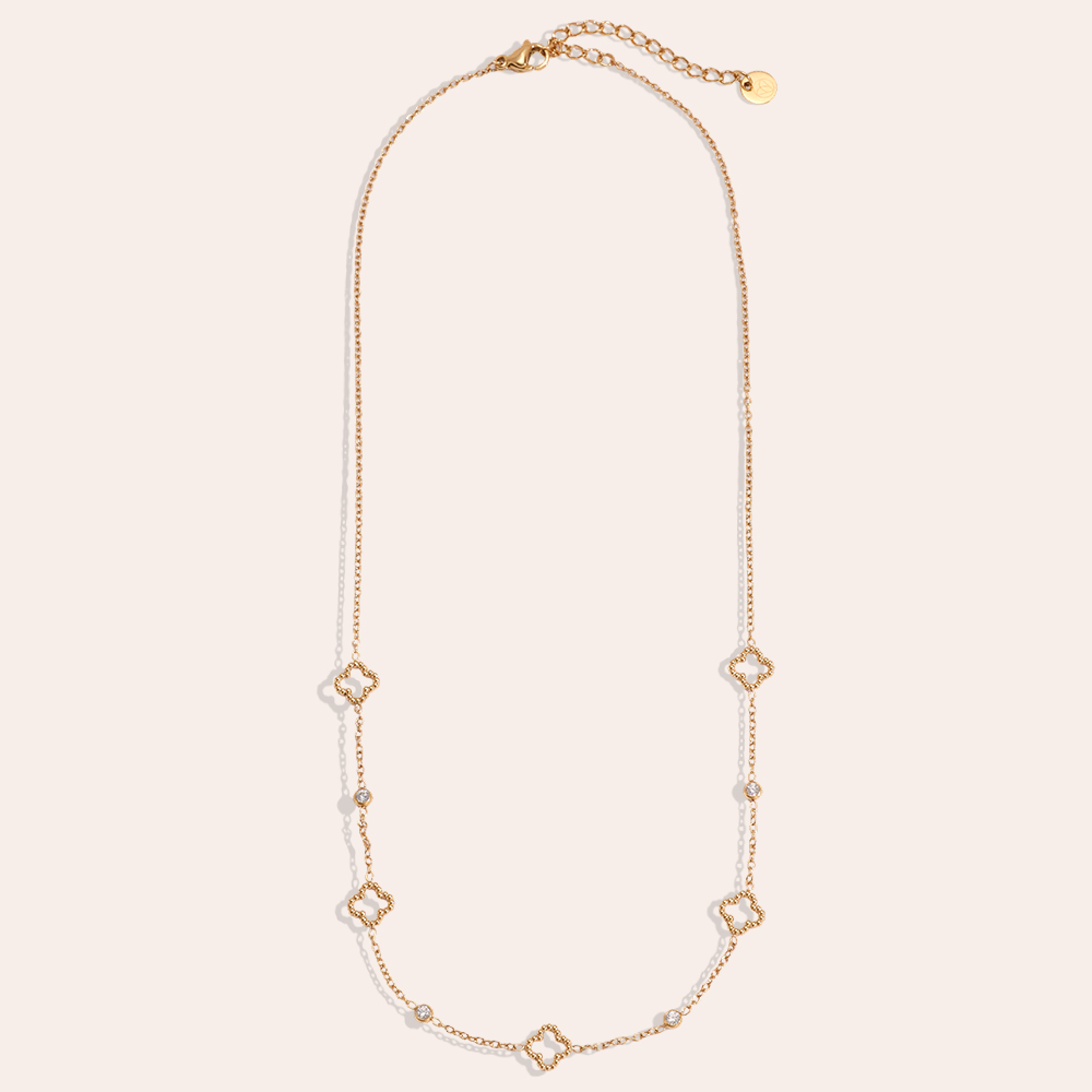 Stainless steel necklace, 39cm, small shamrock with mini cubic zirconia
