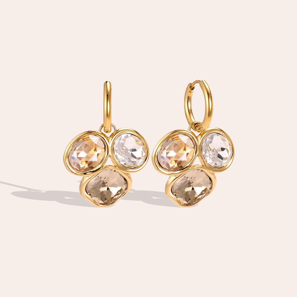Stainless steel earrings, 35 × 23 mm, with three glass stones in different colours  