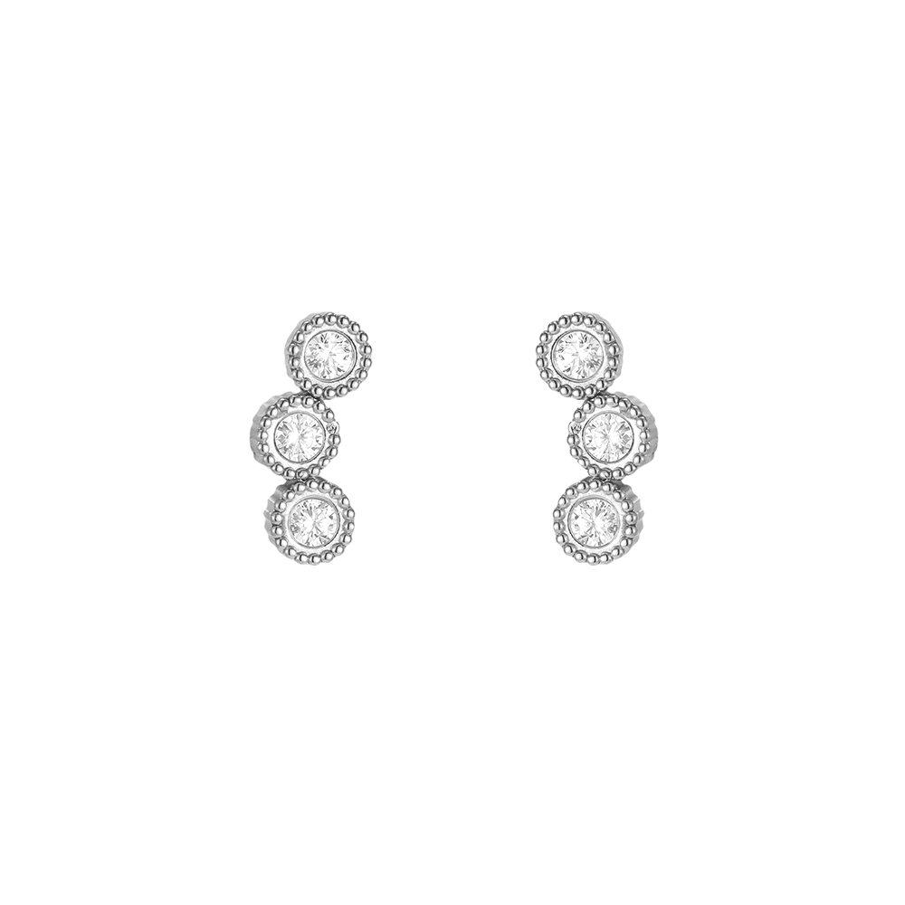 Stainless steel earrings, 10mm, three round cubic zirconia stones    