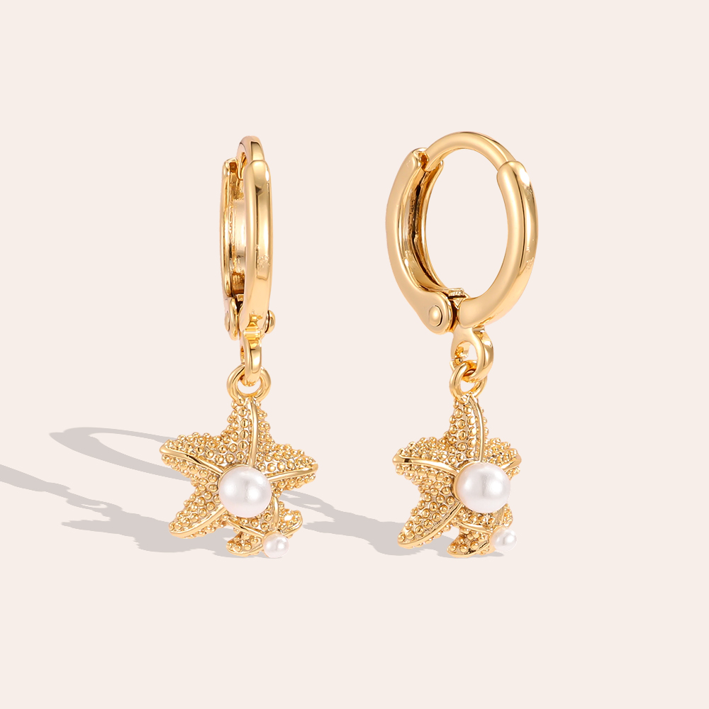 Gold-plated earrings 25mm pearls and starfish