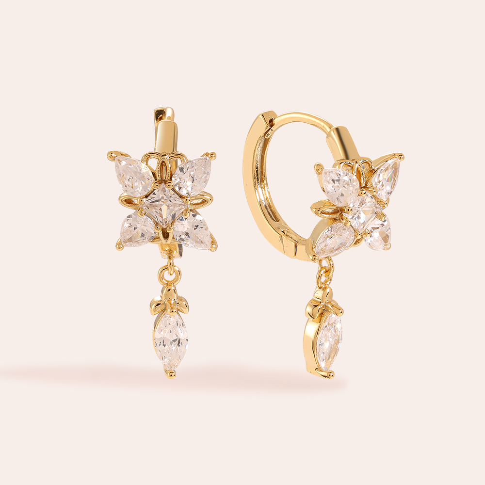 Sparkling Diamond Flower With Drop Eye Gold-plated Earrings    