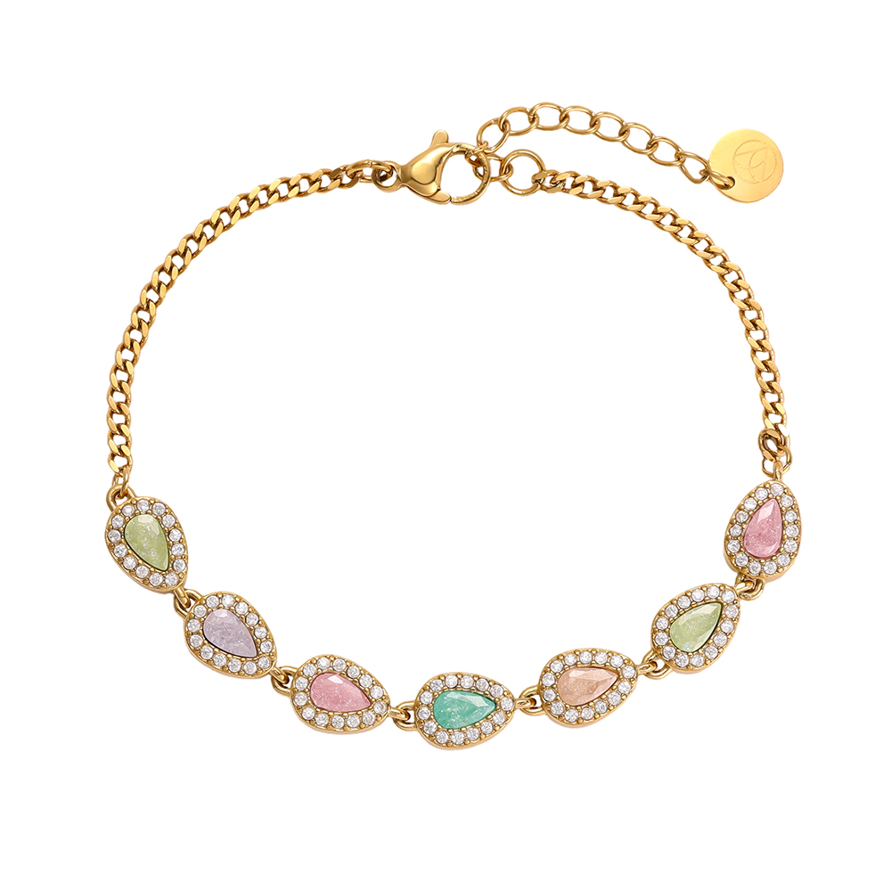 Stainless steel bracelet, 17 cm, with colourful teardrop-shaped cubic zirconia     