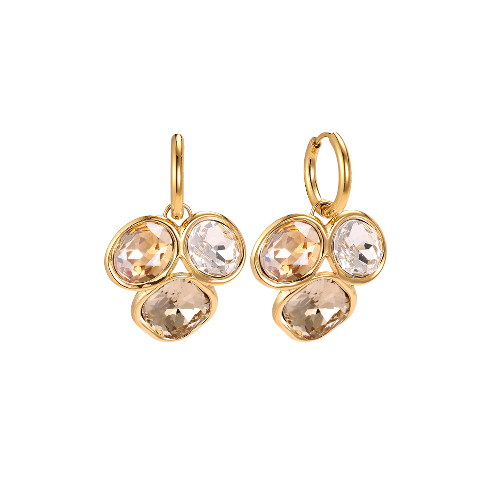 Stainless steel earrings, 35 × 23 mm, with three glass stones in different colours  