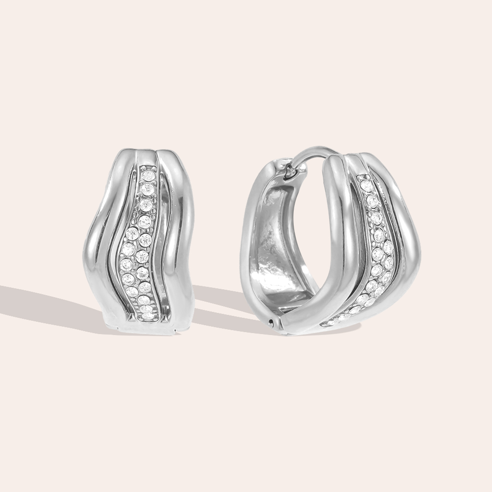Stainless steel earrings, 15mm, wavy design, cubic zirconia  