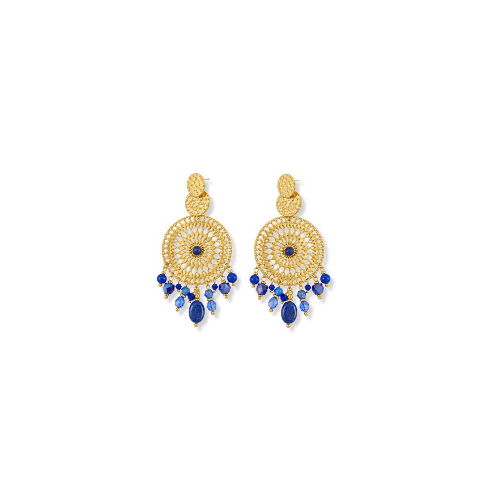 Stainless steel earrings, 32 x 76 mm, Oriental Blue Mandala