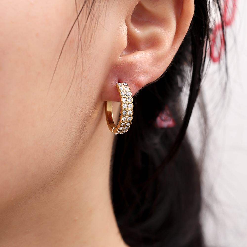 Stainless steel earrings, 21 mm, half-set, double-row, cubic zirconia