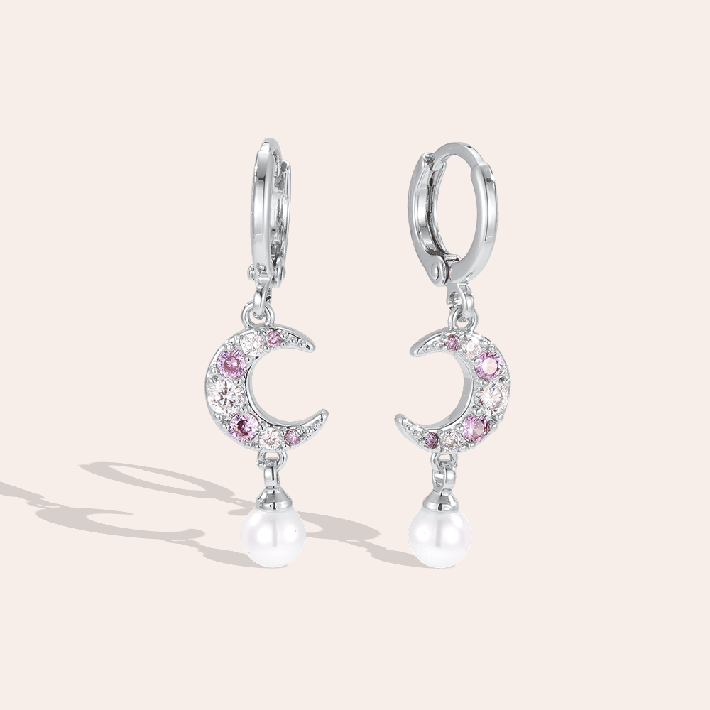 Gold-plated earrings, 36mm, cubic zirconia moon