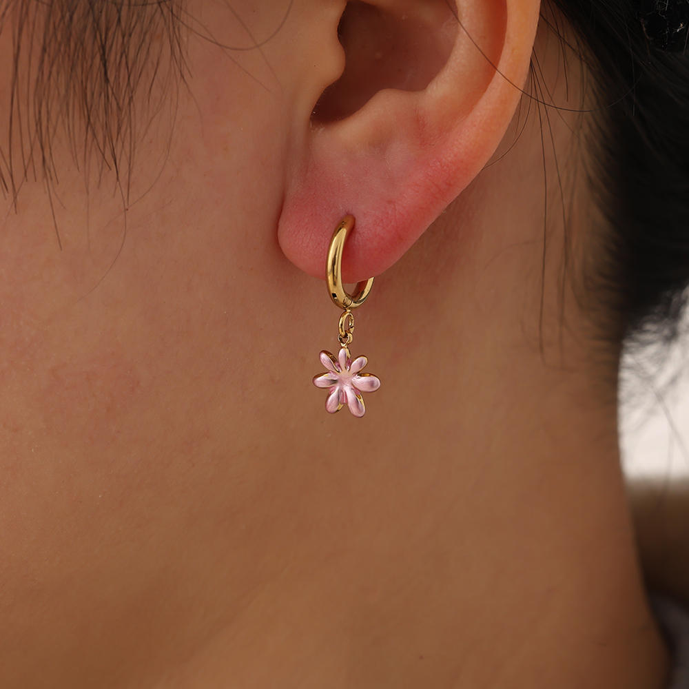 Stainless steel earrings 1.2*2.6cm pink flowers
