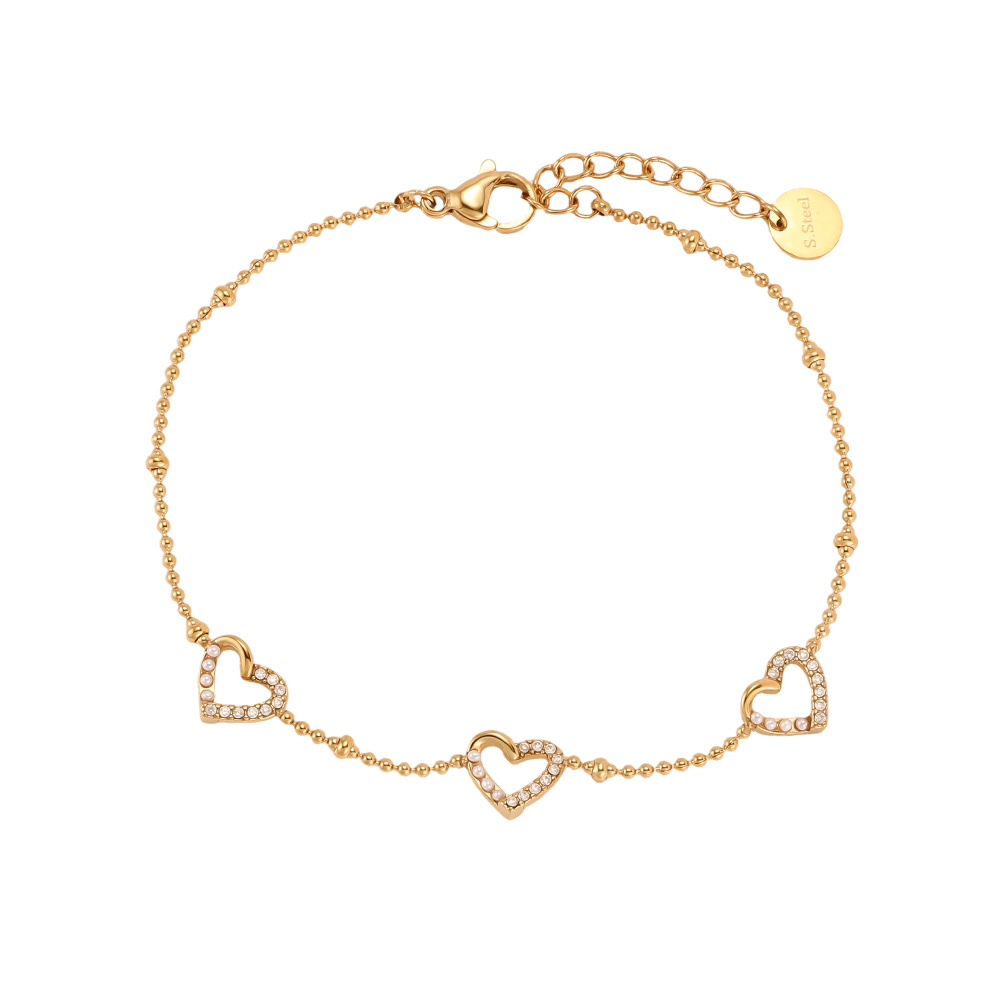 17cm stainless steel bracelet with a heart, pearls and half a rhinestone