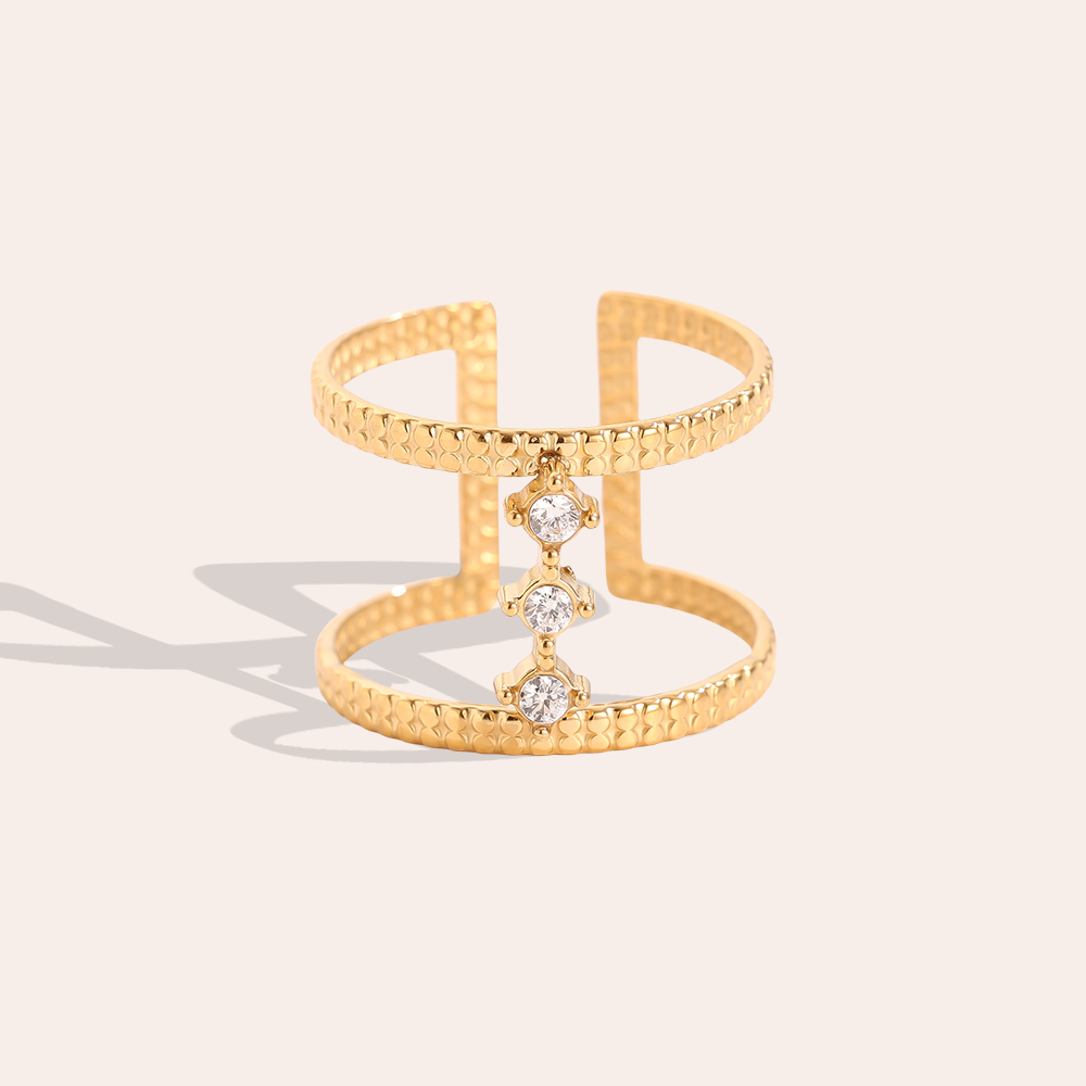 Adjustable double stainless steel ring with cubic zirconia  