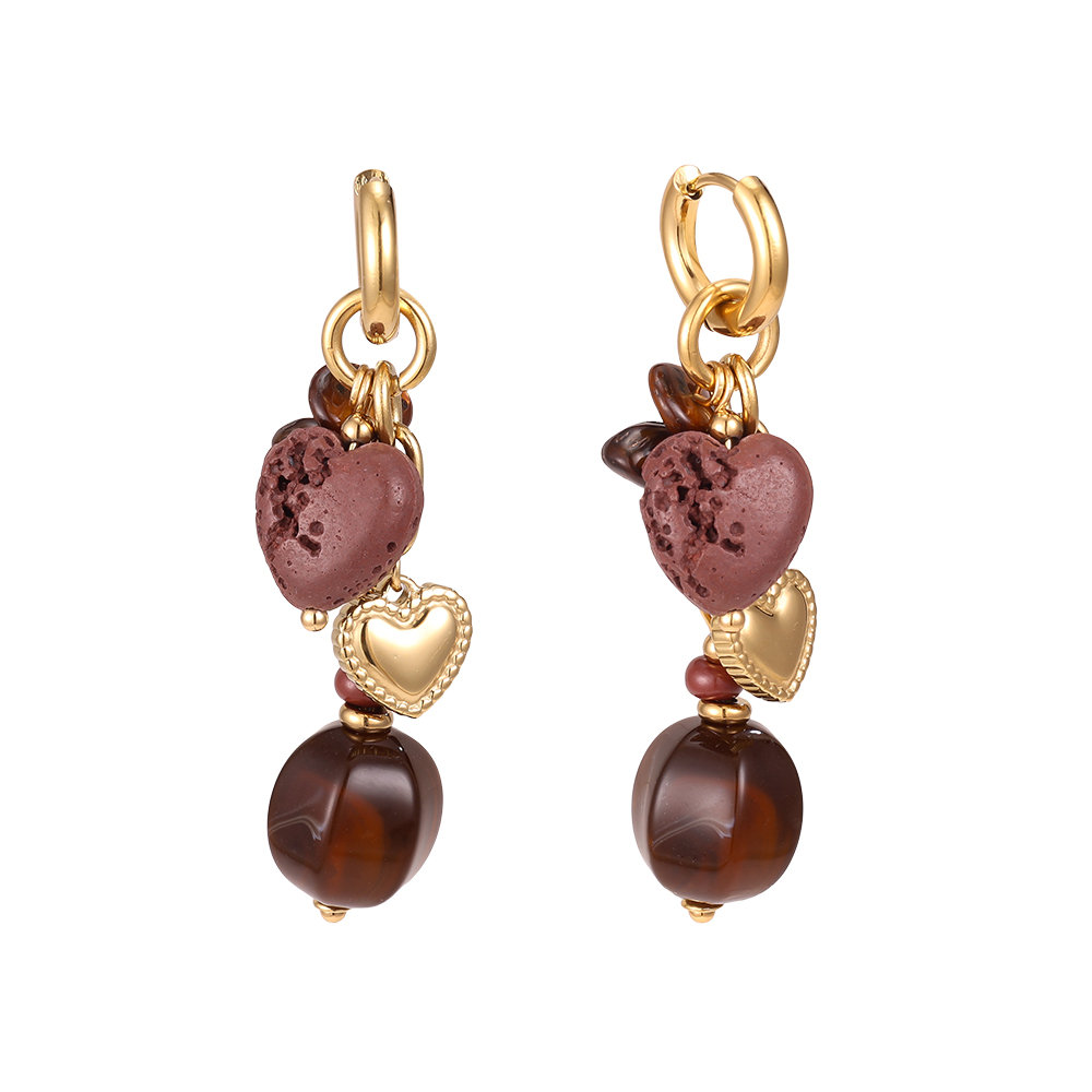 Stainless steel earrings: 57mm heart made of lava stone with a brown crystal  