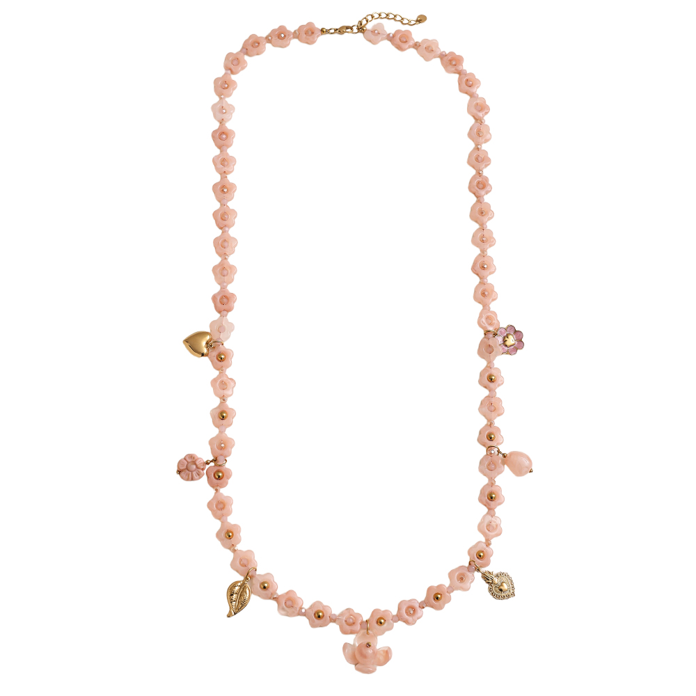 Stainless steel necklace 90cm resin flower necklace with charms