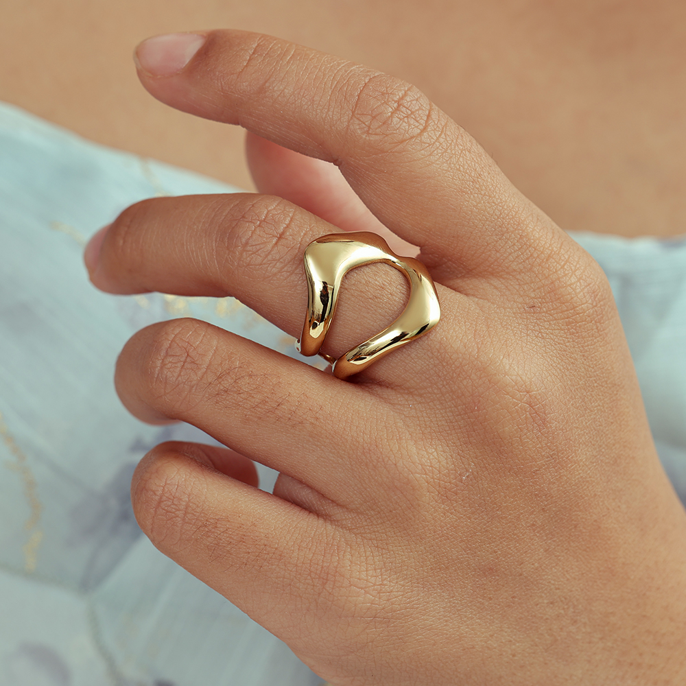 Stainless steel ring, adjustable, with two irregular curves