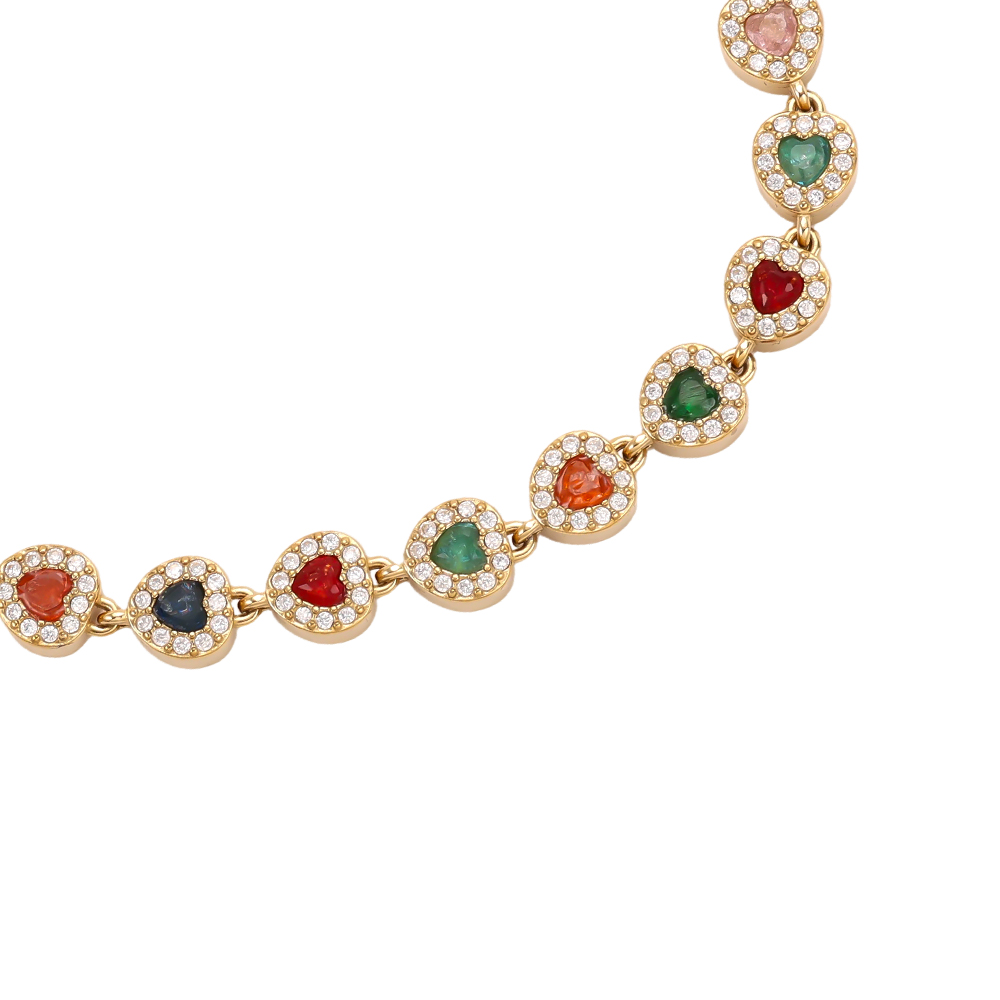 Stainless steel bracelet, 17 cm, with colourful hearts and sparkling cubic zirconia   