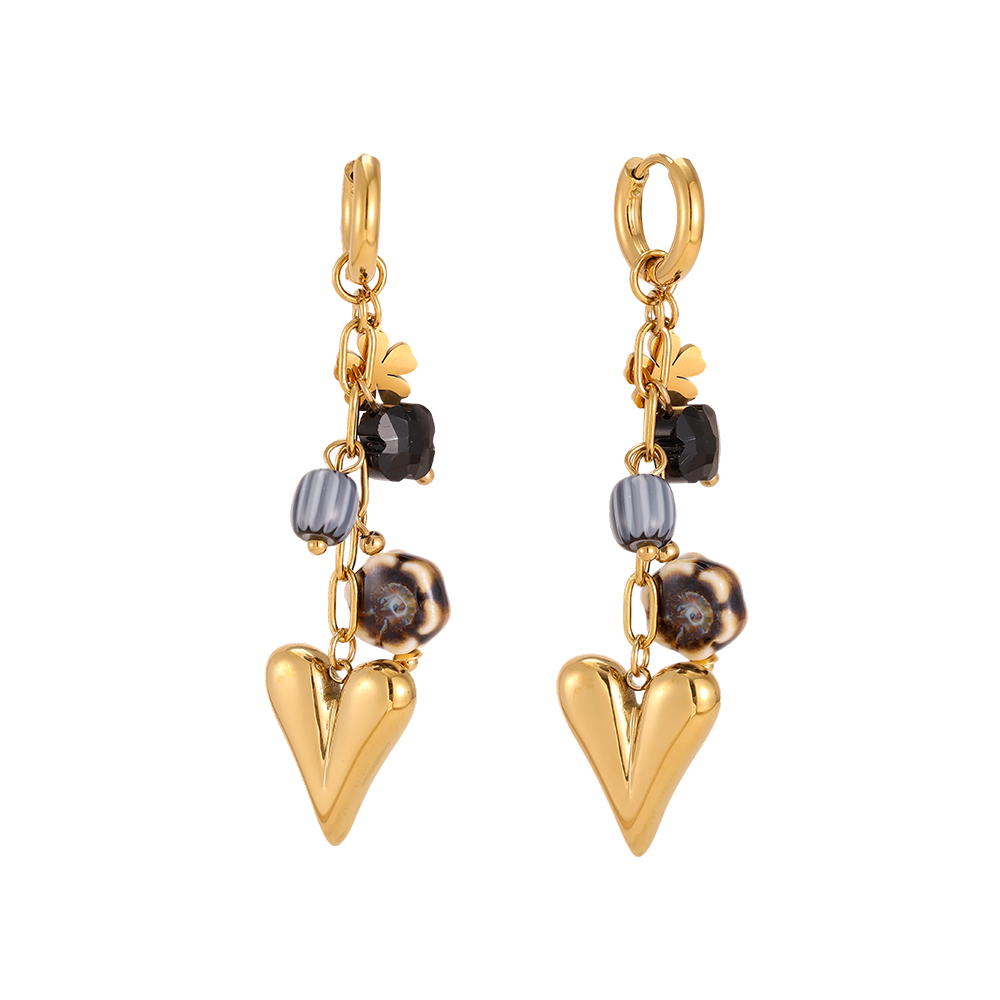 Stainless steel earrings, 66 × 16 mm, with golden hearts and flowers