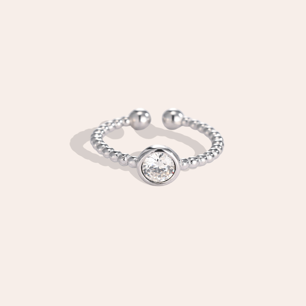 Stainless steel ring, adjustable, round zirconia