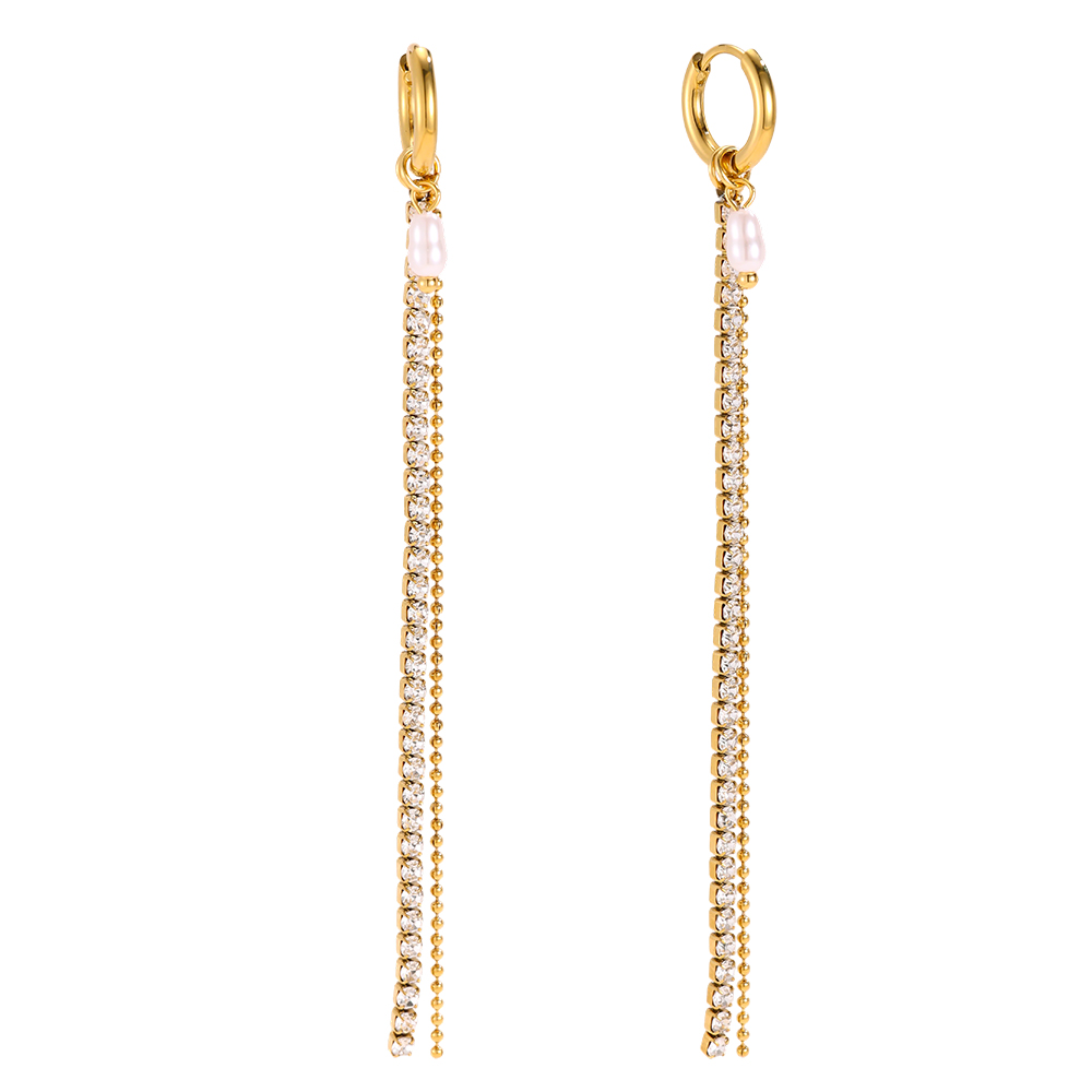 Stainless steel earrings, 91×12 mm, with pearls and a zirconia chain