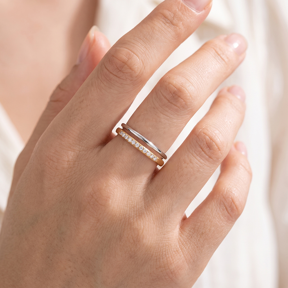 Stainless steel ring, adjustable, two-tone double ring with small cubic zirconia stones