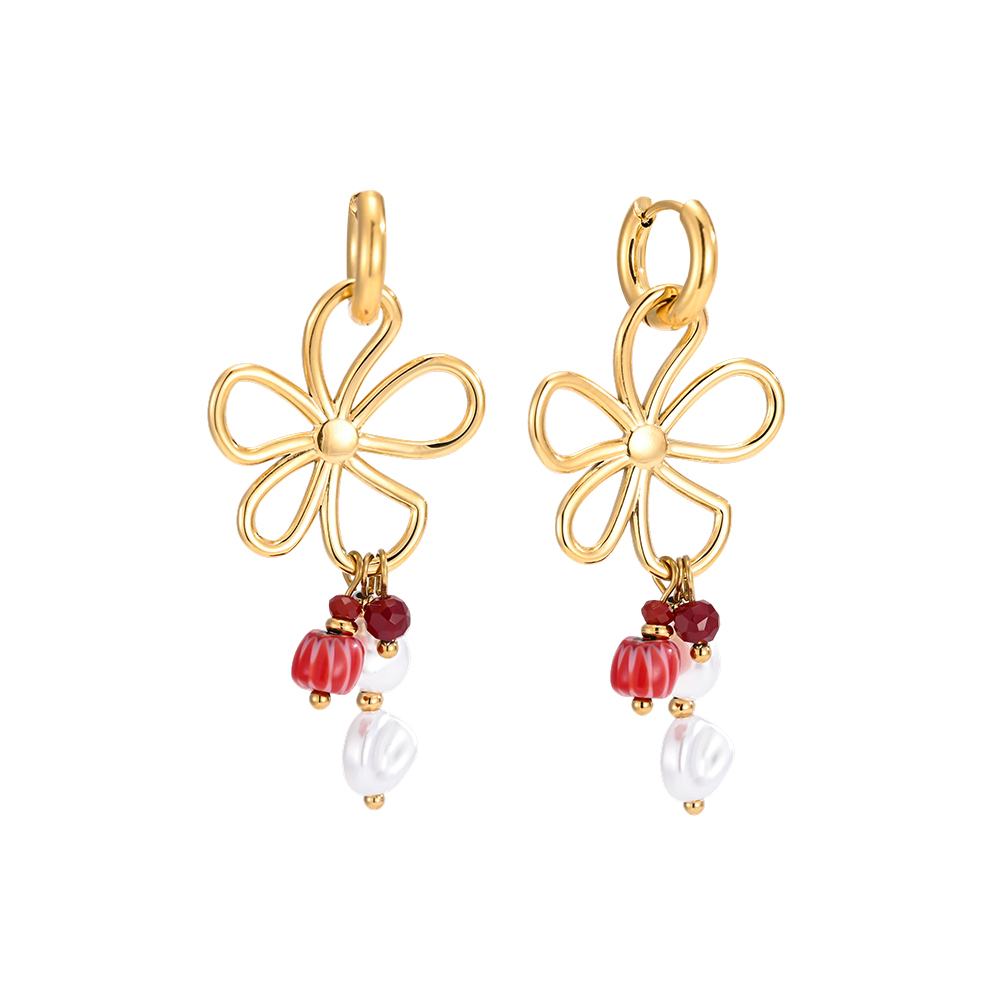 Stainless steel earrings, 55 × 25 mm, gold flower with pearls