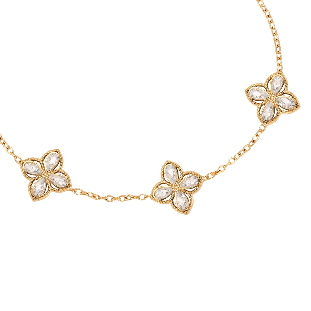 Stainless steel bracelet, 17 cm, with three cubic zirconia clover leaves 