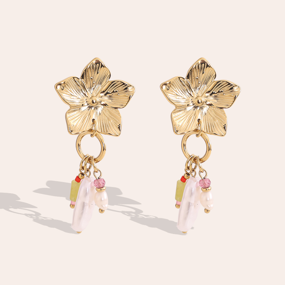 Stainless steel earrings 50mm flowers freshwater pearls and natural stone