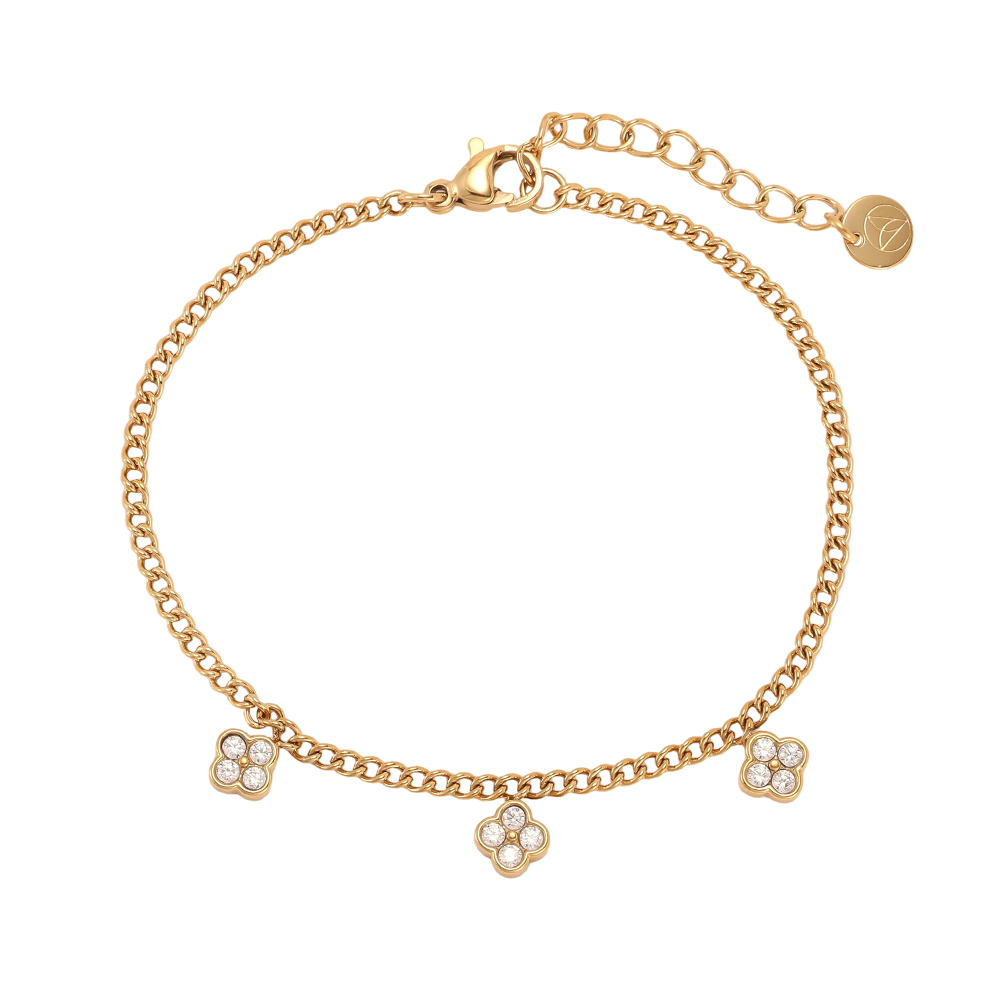 Stainless steel bracelet, 17 cm, with three shamrocks and cubic zirconia