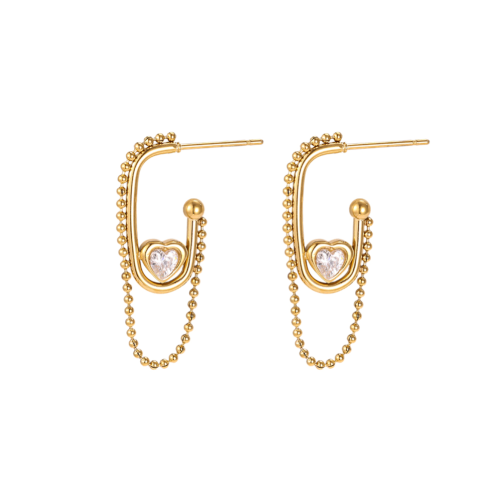 Stainless steel earrings, 32×13 mm, heart-shaped with cubic zirconia in an oval setting