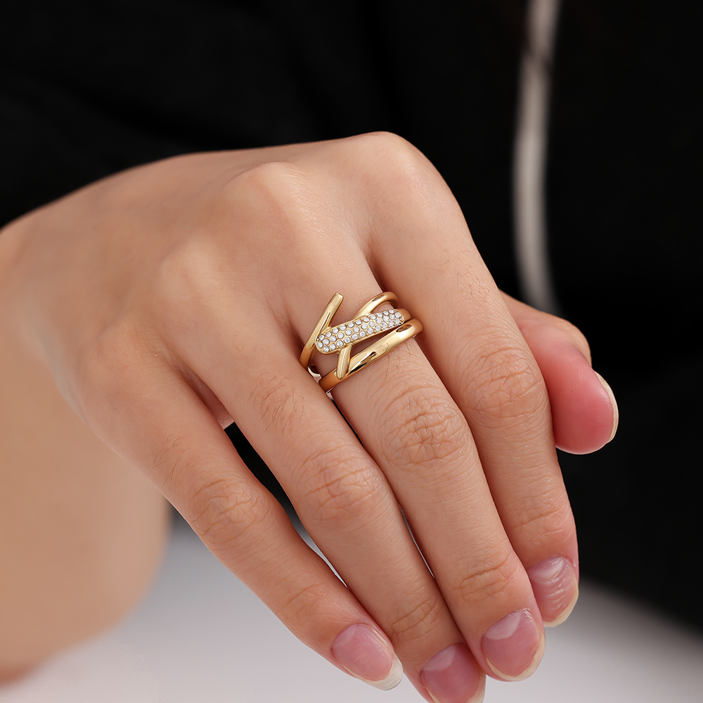 Stainless Steel Ring, Adjustable, with Zirconia, Multi-row, Crossed Design