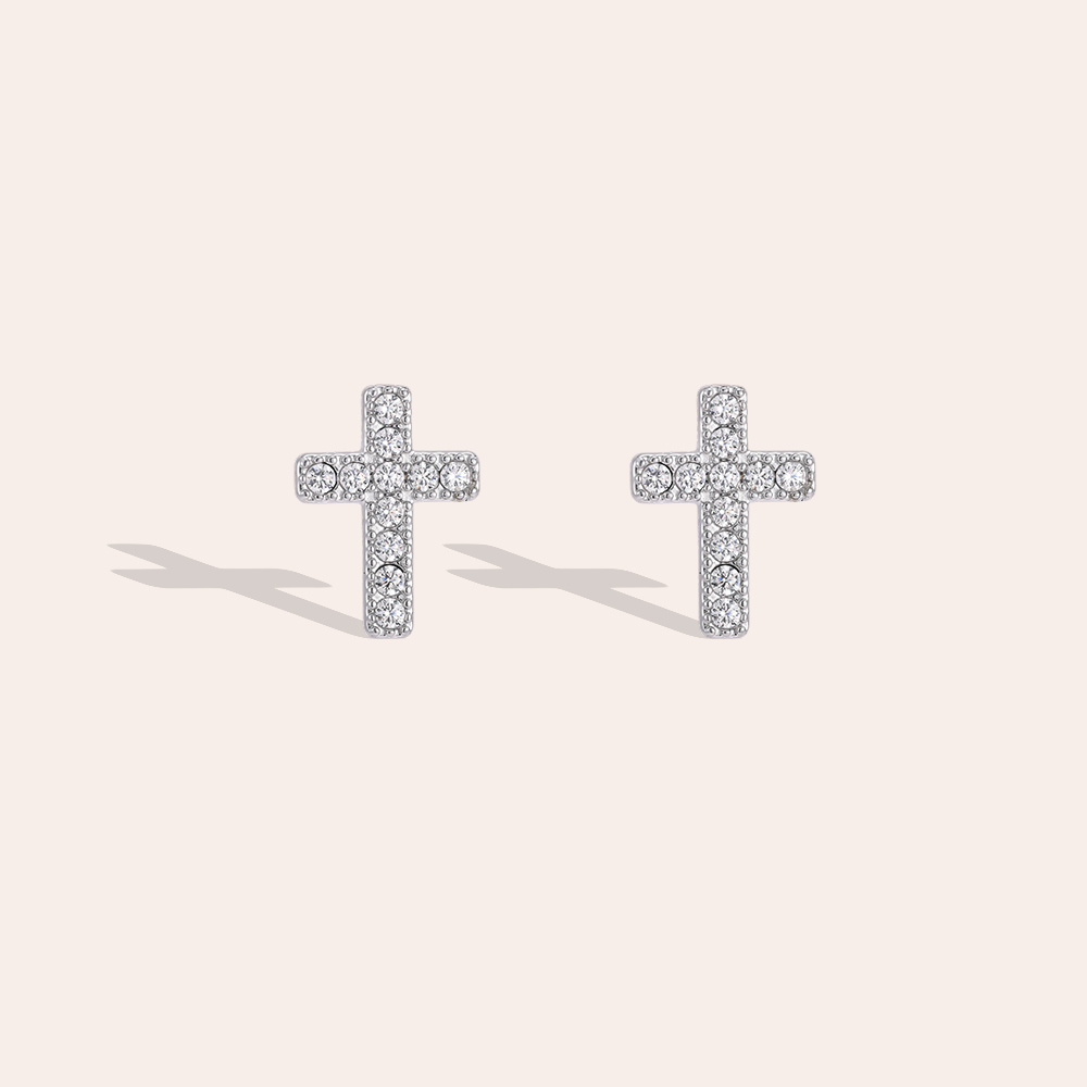 Stainless steel earrings, 12mm, cubic zirconia cross