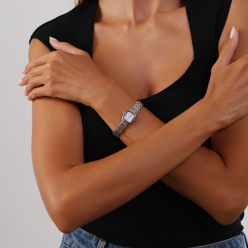 Stainless steel watch, cushion-shaped
