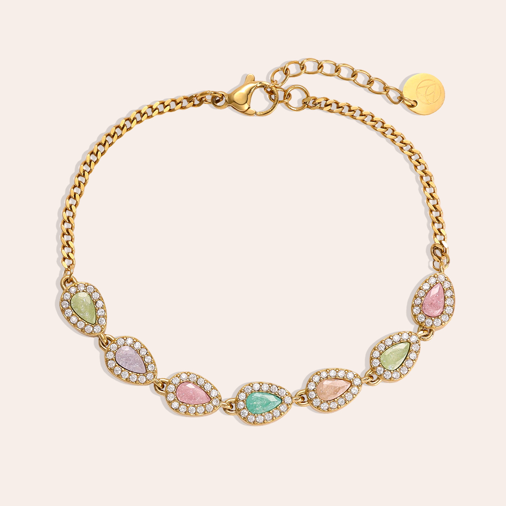 Stainless steel bracelet, 17 cm, with colourful teardrop-shaped cubic zirconia     
