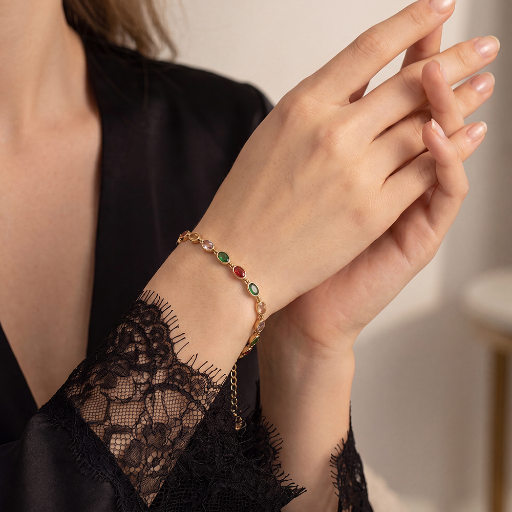 Stainless steel bracelet, 17 cm, with lots of oval, colourful, sparkling cubic zirconia stones     