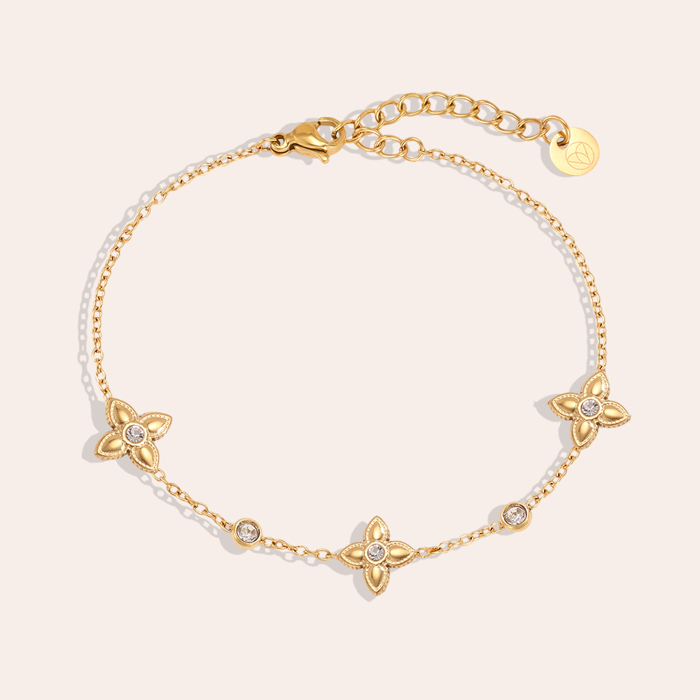 Stainless steel bracelet, 16.5 cm, four-leaf clover with cubic zirconia  